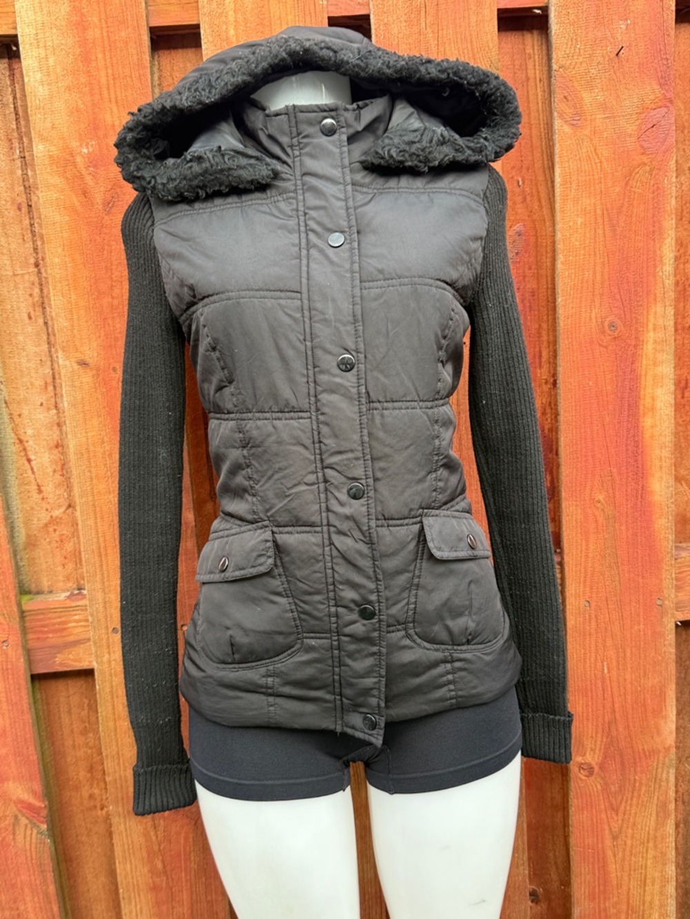 Black Quilted Hooded Puffer Jacket with Knit Sleeves Size M